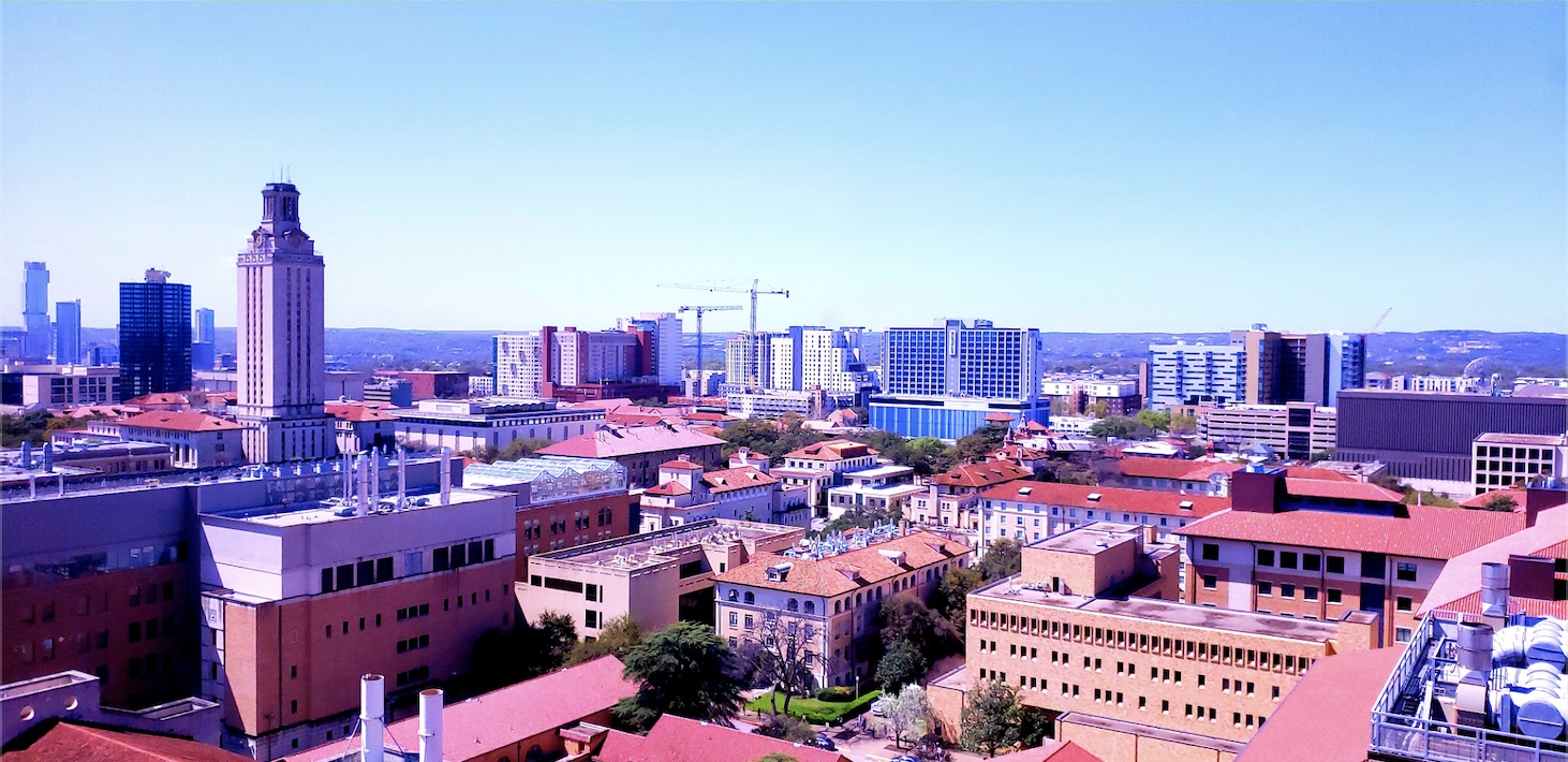 A view of central Austin including the university tower.
