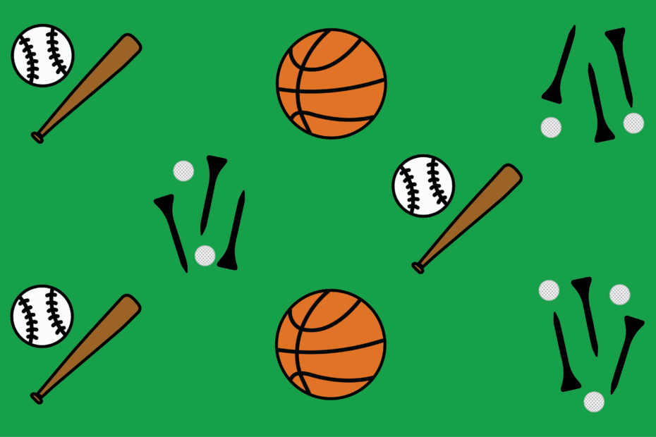 Green background with cartoon basketballs, golf tees, baseball bats and balls.